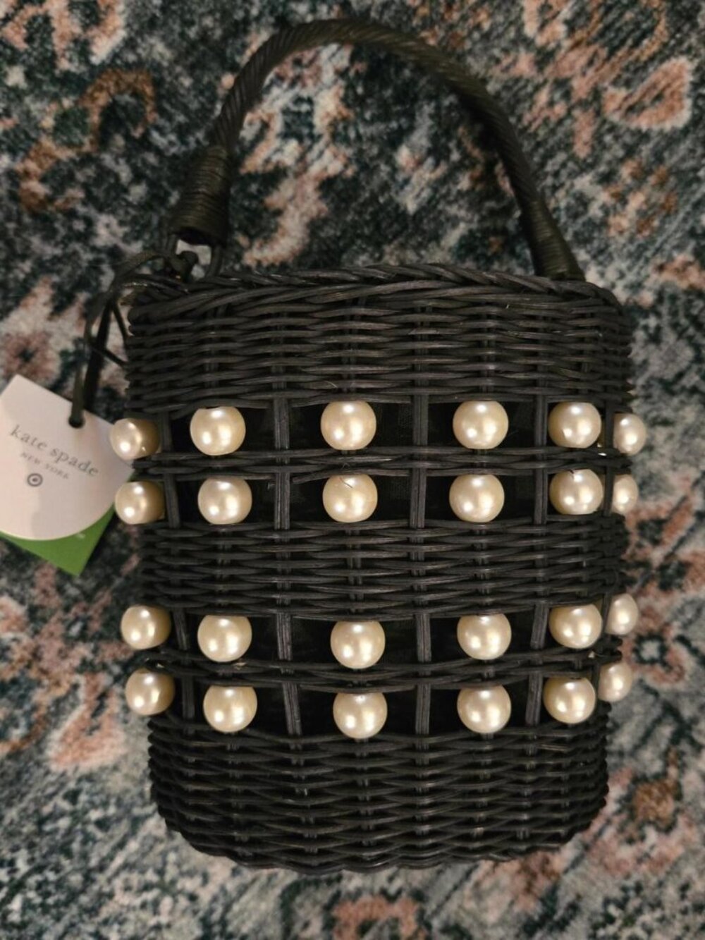 Kate Spade black wicker purse with pearl detail